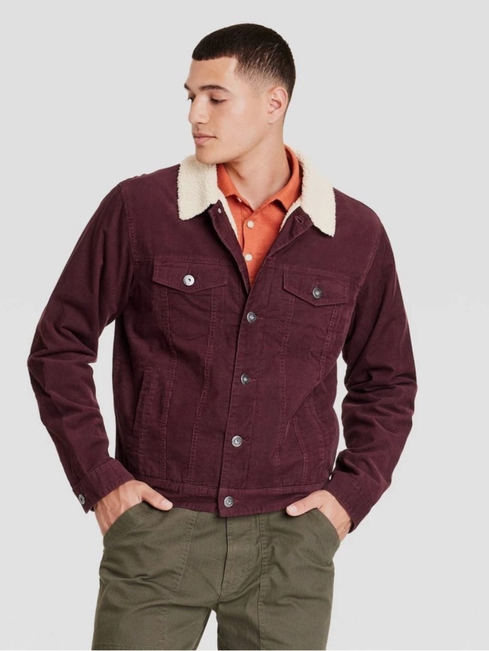 Goodfellow & Co. Men's Sherpa-Lined Corduroy Jacket Trucker Burgundy Purple, XL